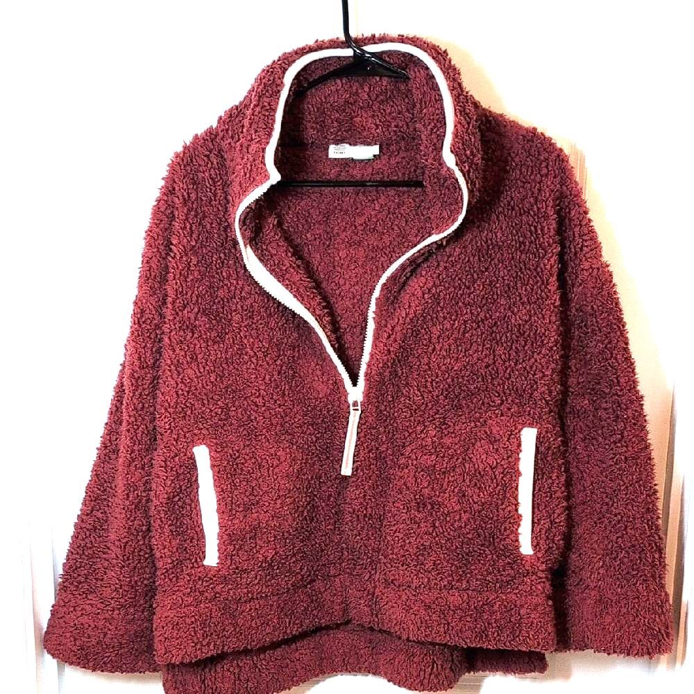 Anthropologie Burgundy Sherpa Half Zip Pullover